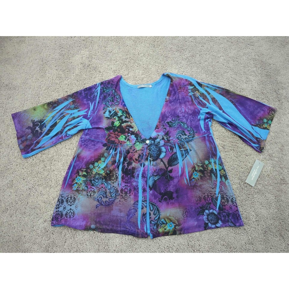 NY Collection Blouse Womens 2X PLUS Floral Abstract V-Neck‎ 3/4 Sleeve Classic